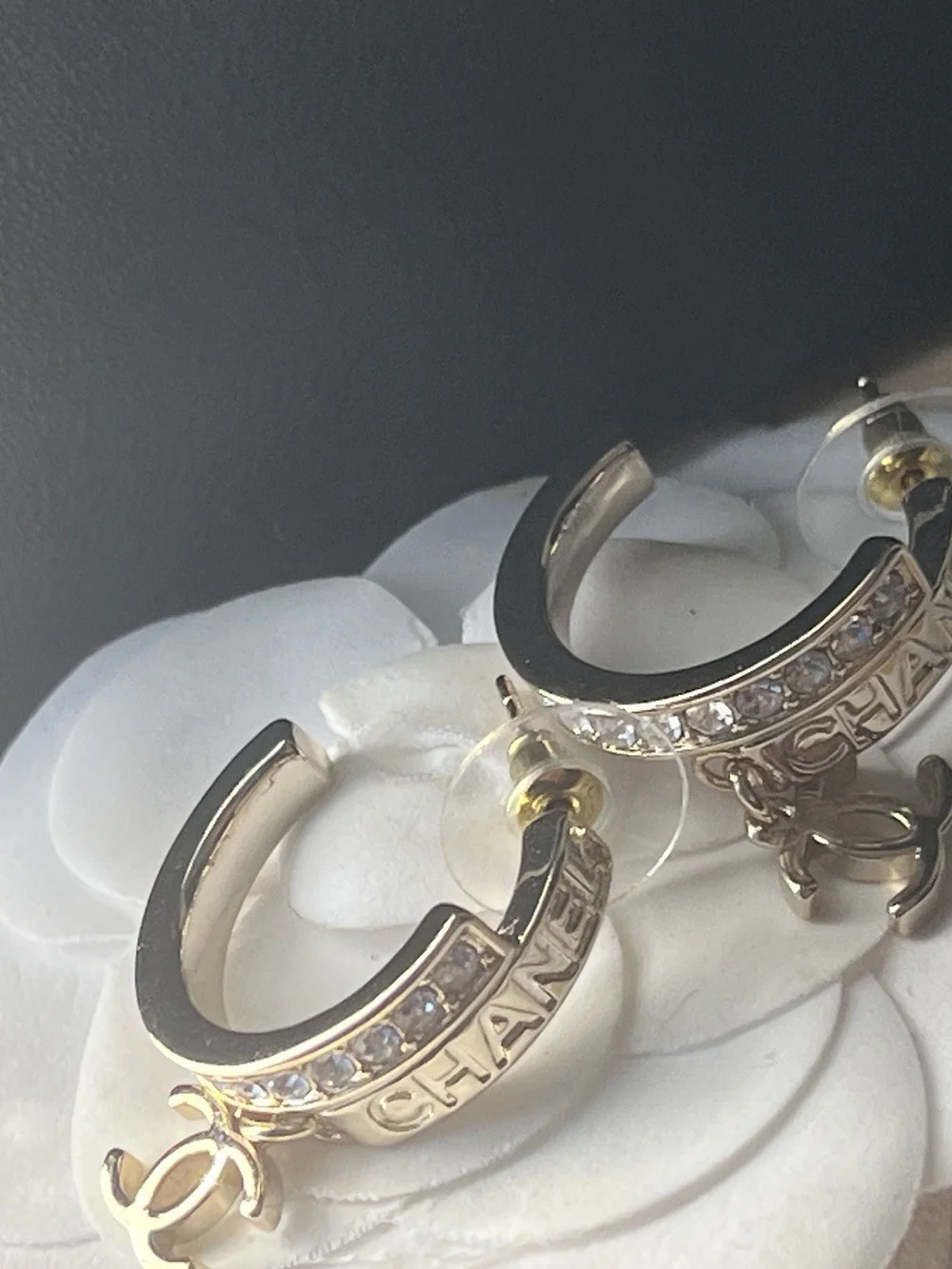 Authentic CHANEL Gold-Tone Crystal Small Hoop Earrings